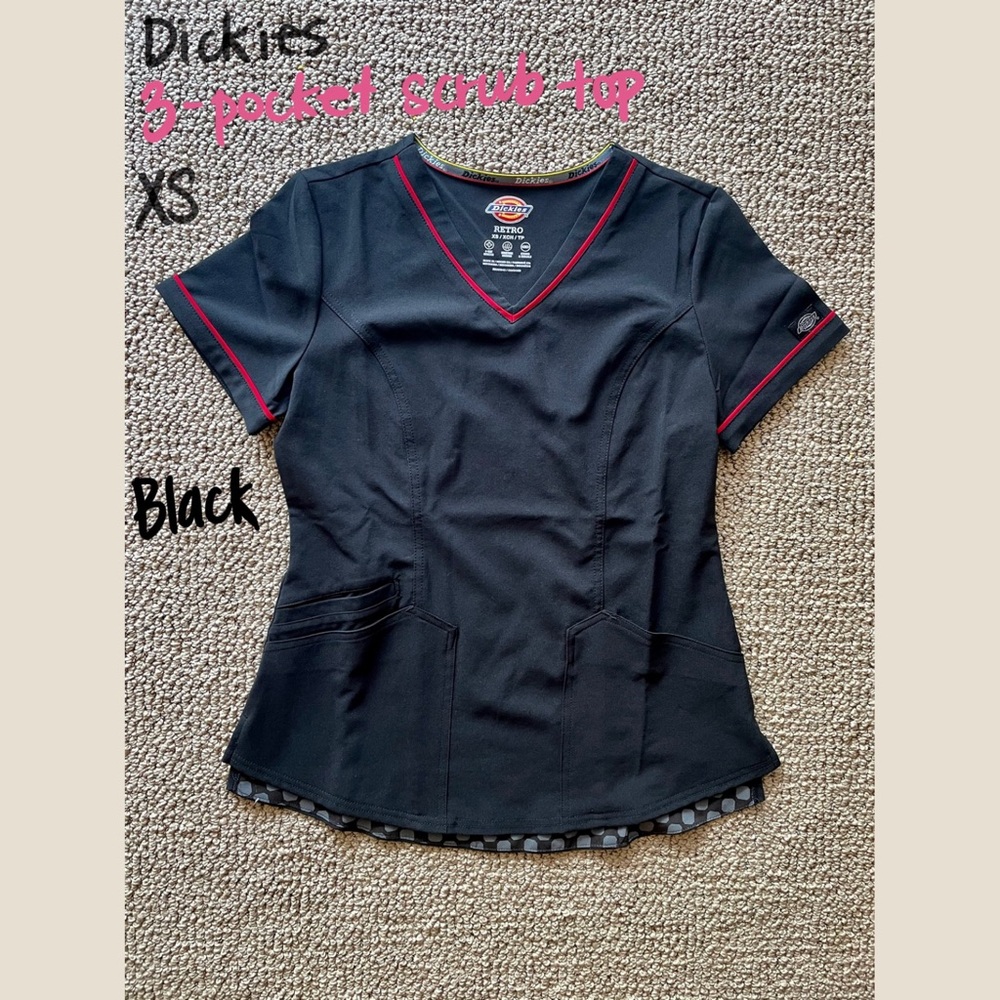 Dickies V-Neck Scrub Top XS Black w/ Red Piping